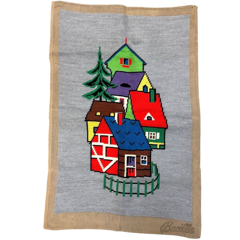 Vintage Bucilla Completed Needlepoint Panel Farm Village Large 30x19" 2931573